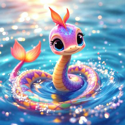 The primary subject of the image is a cartoon character, specifically a mermaid, who is smiling and floating in the water. The setting is a blue ocean, and the visual style is digital art. The colors and mood of the image are vibrant and cheerful, with the mermaid's pink and blue colors adding a sense of playfulness to the scene.